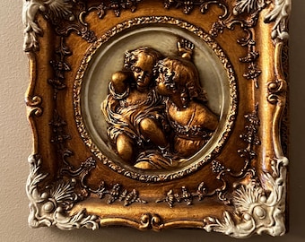 Enrico Braga Italian Reconstituted Relief Plaque of 2 Cherubs With Perfugium Regibus  to the Reverse Mounted in Gilt Frame