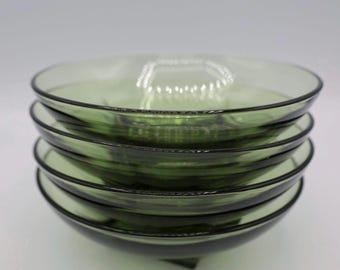 Groen glazen Hazel Atlas Capri Colony schalenset - glazen slakommen - bargerei - stapelbare schalen - retro kitsch dessert fruitschaal MCM ontbijtgranen
