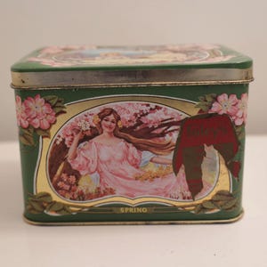 Vintage Tin, Four Seasons Vintage Tin Canister Beautiful Tin Box Vintage Tin Storage Box Old English Storage Tin