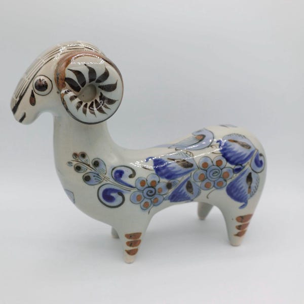 Vintage Tonala Figurines - Mexican Mexico Tonala Stoneware Ceramic Folk Art Ram goat blue Pottery Sculpture Art Objects