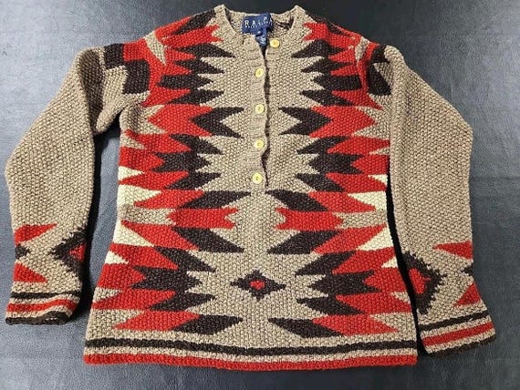 Ralph Lauren Cardigan Sweater Western Southwestern Aztec Apres Ski COTTON Red White Blue Women's Small Vintage Ralph Lauren Coastal Cowgirl