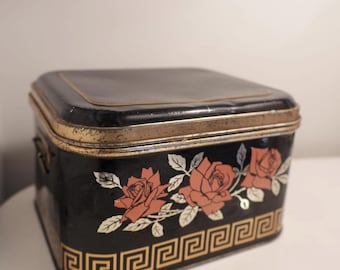 Vintage tin hinged vintage buttons sewing organization storage button suprise spare buttons black roses farmhouse decore craft