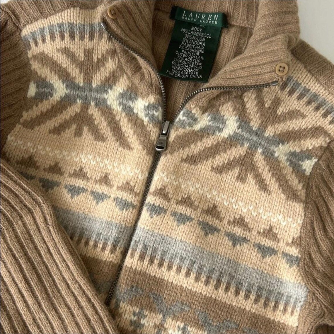 Vintage Ralph Lauren Wool Cardigan Sweater: Aztec Fair Isle, Women's Small, photo 4 of 5