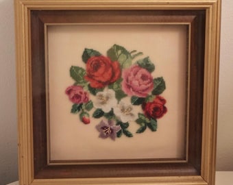 Vintage Framed Embroidery, Hand Sewing Floral Embroidery Painting, Framed Embroidered Needlepoint, Flowers, Wall Decor, Gift for her