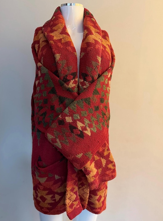 Vintage Ralph Lauren Hand knit Sweater Cardigan Heavy knit fall fit | Cotton Silk Linen | Southwestern Burgandy Rust natural fibres cowgirl