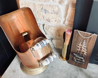 Vintage Copper Umbrella Stand, Delft Handle, Brass Scuttle, Made