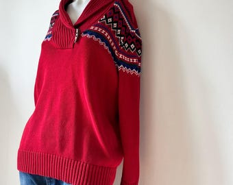 Suéter tipo cárdigan Ralph Lauren estilo occidental, estilo azteca, estilo après ski, de algodón, rojo, blanco y azul, talla pequeña, vintage, para mujer, estilo vaquero costero.