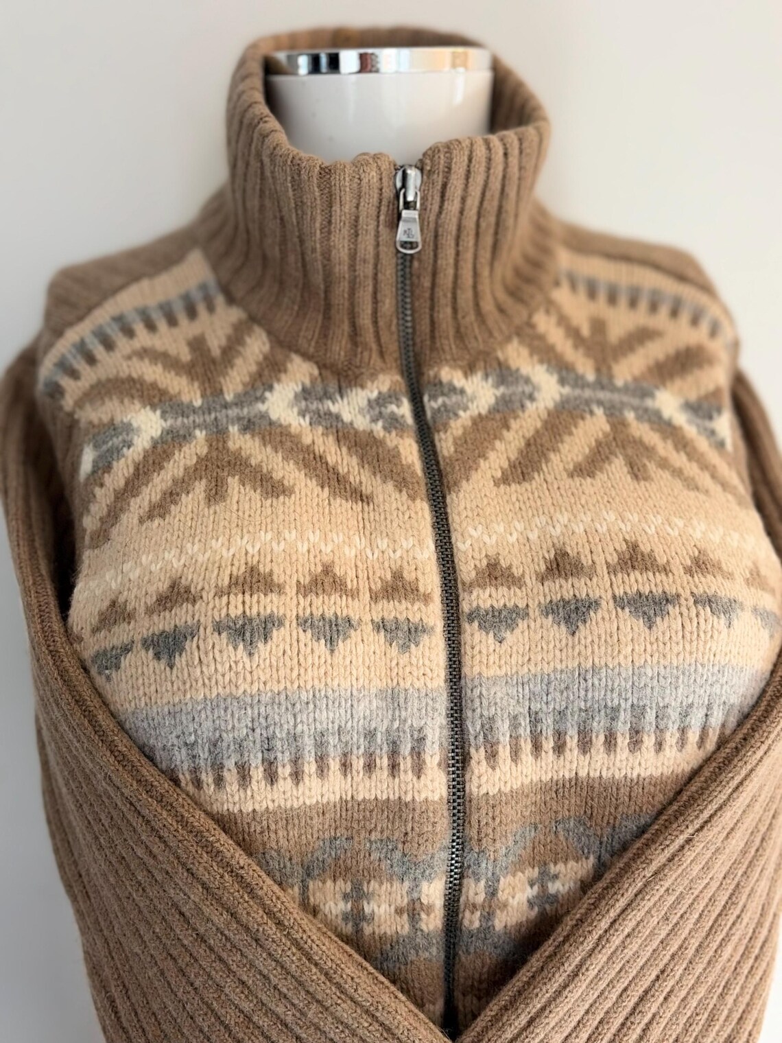 Vintage Ralph Lauren Wool Cardigan Sweater: Aztec Fair Isle, Women's Small, photo 2 of 5