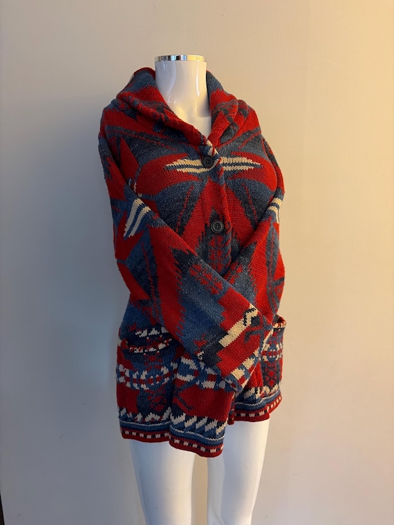 Ralph Lauren Cardigan Sweater Western Southwestern Aztec Apres Ski COTTON Red White Blue Women's Small Vintage Ralph Lauren Coastal Cowgirl