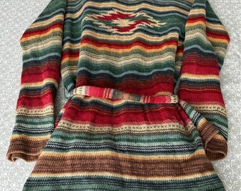 Cárdigan Ralph Lauren pequeño para mujer Aztec Coastal Cowgirl Cárdigan clásico de lino y algodón con lazo a rayas con cinturón tejido a mano vintage Ralph Lauren