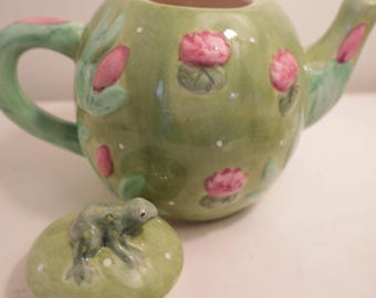 Vintage teapot frog teapot unique gift mothers day gift for her gift for him teapot kitschy MCM green teapot tea flowers tea party spring