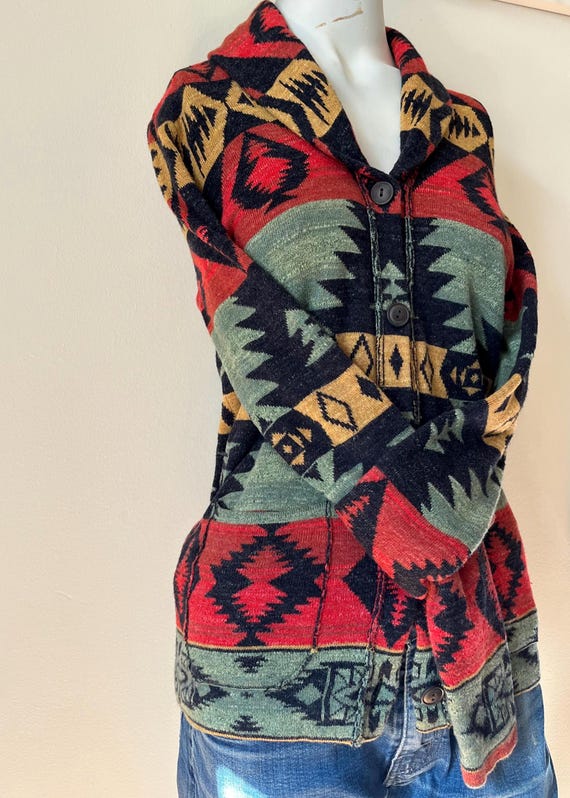 Ralph Lauren Cardigan Sweater Western Southwestern Aztec Apres Ski COTTON Red White Blue Women's Small Vintage Ralph Lauren Coastal Cowgirl