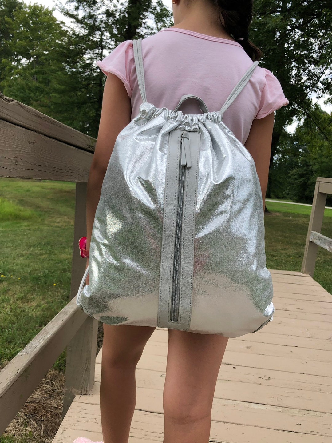 Silver Metallic Drawstring Backpack Drawstring Silver Bag, Sports Bag, Soccer Bag, Gym Bag, Backpack ...