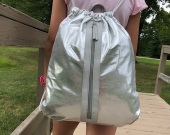 Drawstring zilveren tas, sporttas, voetbaltas, Sporttas, rugzak, festival tas, hipster tas, kleine reisrugzak, reistas