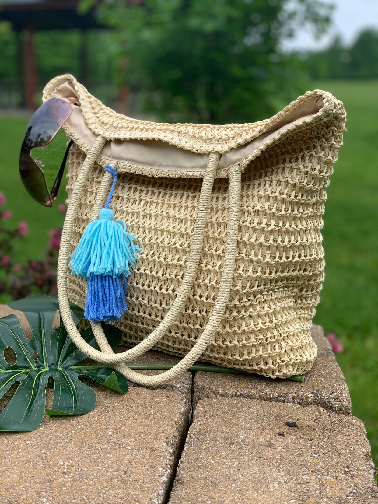Eco Friendly Crochet Straw Beach Tote Bag With Tassel Summer Etsy