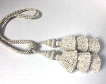 Organic Cotton Holdback, Natural Ivory Double Tassel, Off-White Tieback, Curtain Tie-back, Three Layers Tassel, Bohemian Decor, Farm House