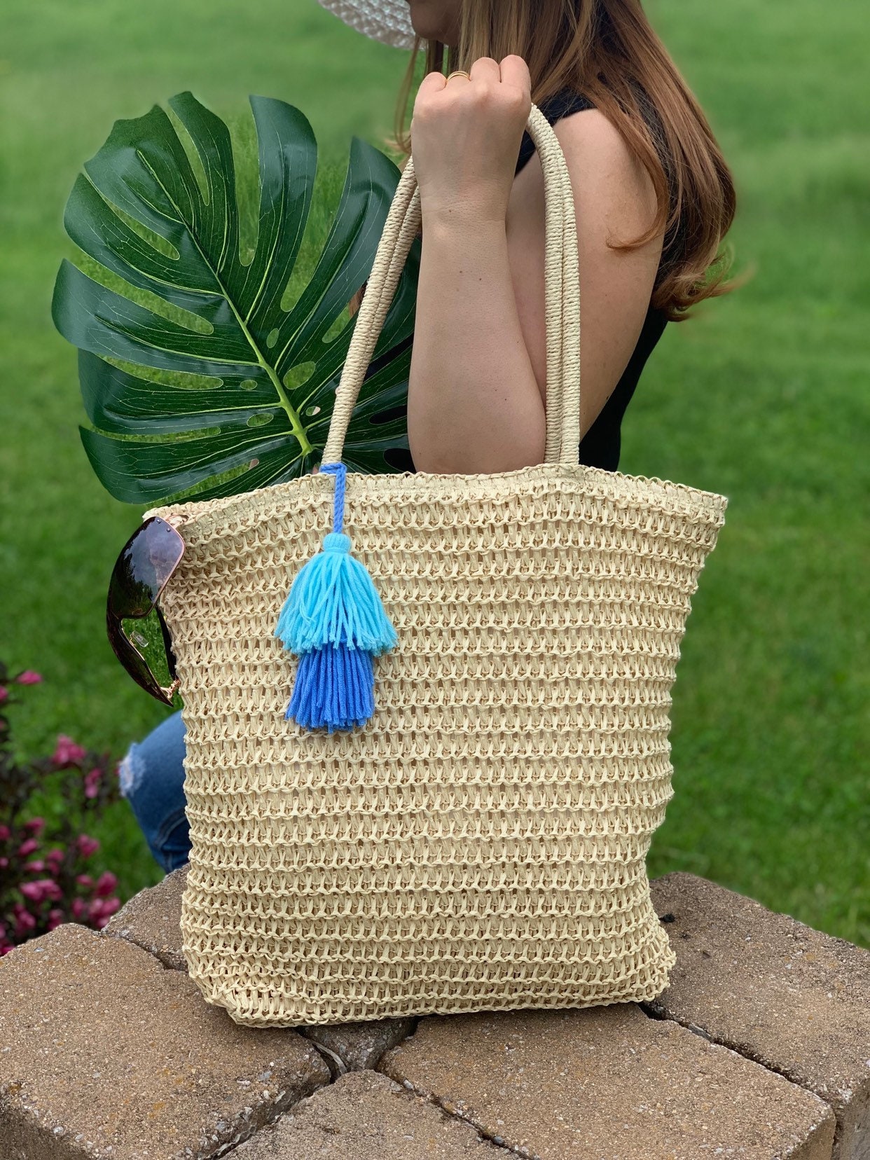 Eco Friendly Crochet Straw Beach Tote Bag With Tassel Summer Etsy