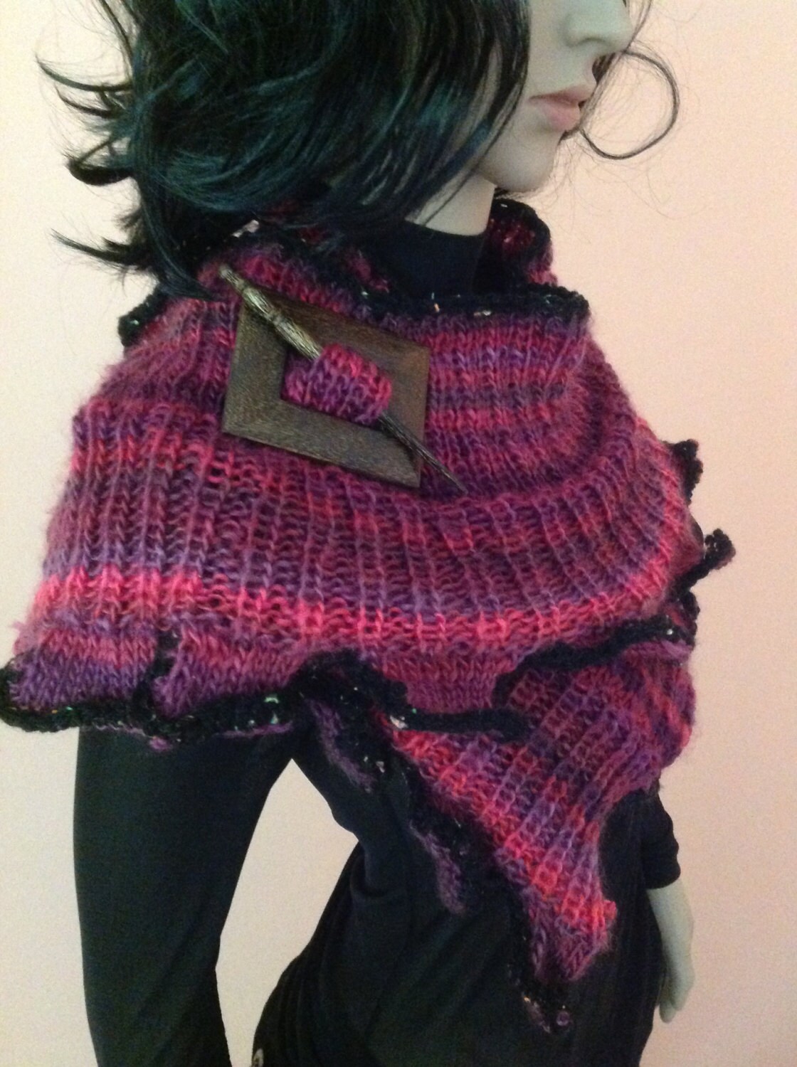 Burgundy Shawl/Scarf With Wood Pin/Knitted Scarf/Shoulder Etsy