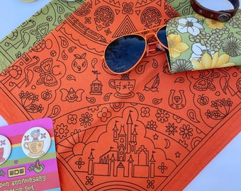 Bandana: Golden Anniversary Fandana for Fans of WDW 50th Celebration, Avocado Green or Sunflower Orange Cotton with Brown Silk Screened Ink