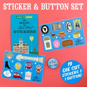 STICKER & BUTTON Set Main Street USA Magic Style for Park Trip Planner Scrapbook Cell Phone Journal Laptop with Sticker Matching Button