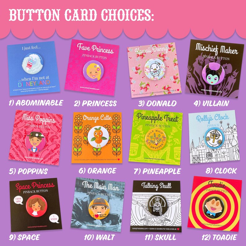 disney park buttons mary poppins it's a small world mister toads wild ride princess leia the talking skull from pirates of the caribbean orange bird evil queen princess rapunzel from tangled maleficent  and abominable snowman from matterhorn bobsleds