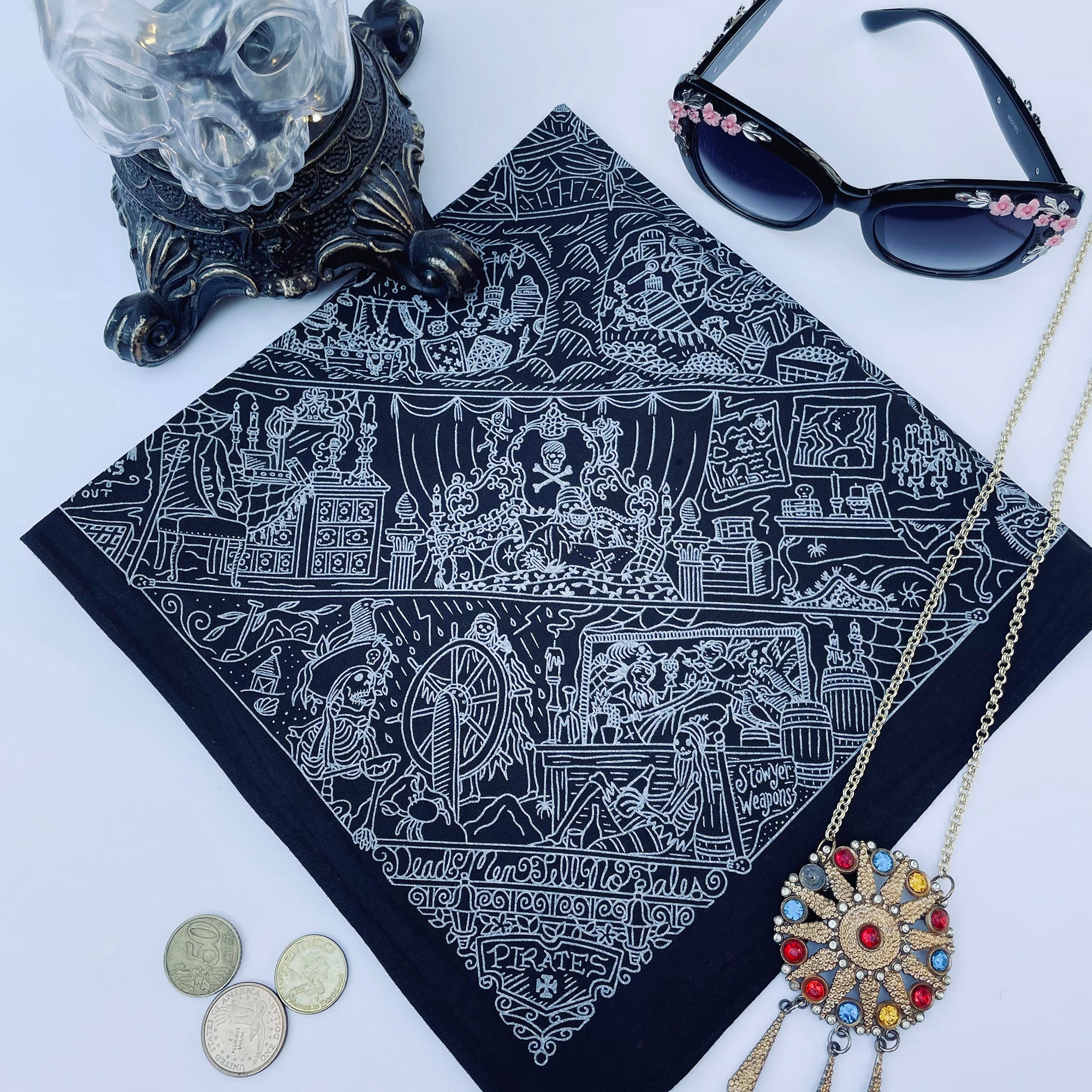 Funtery 24 Pcs Pirate Bandana Skull Hankerchief Black Head Scarf Costume Accessories For Man Woman Adult Pirate Theme 2025 Carnival Party Halloween Decorations