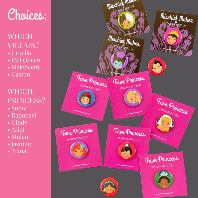 villain buttons with cruella evil queen maleficent and gaston with princess buttons with snow white rapunzel cinderella ariel mulan tiana and jasmine from aladdin