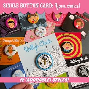 disney park buttons it's a small world mister toads wild ride princess leia the talking skull from pirates of the caribbean orange bird evil queen and abominable snowman from matterhorn bobsleds