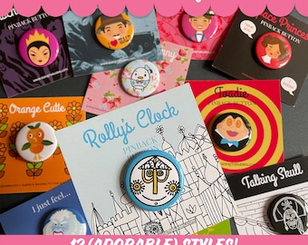 Classic Theme Park Character Buttons for Small World, Matterhorn Bobsleds, Orange Bird, Mr. Toad, Mad Tea Party, Princess and Villains Fan