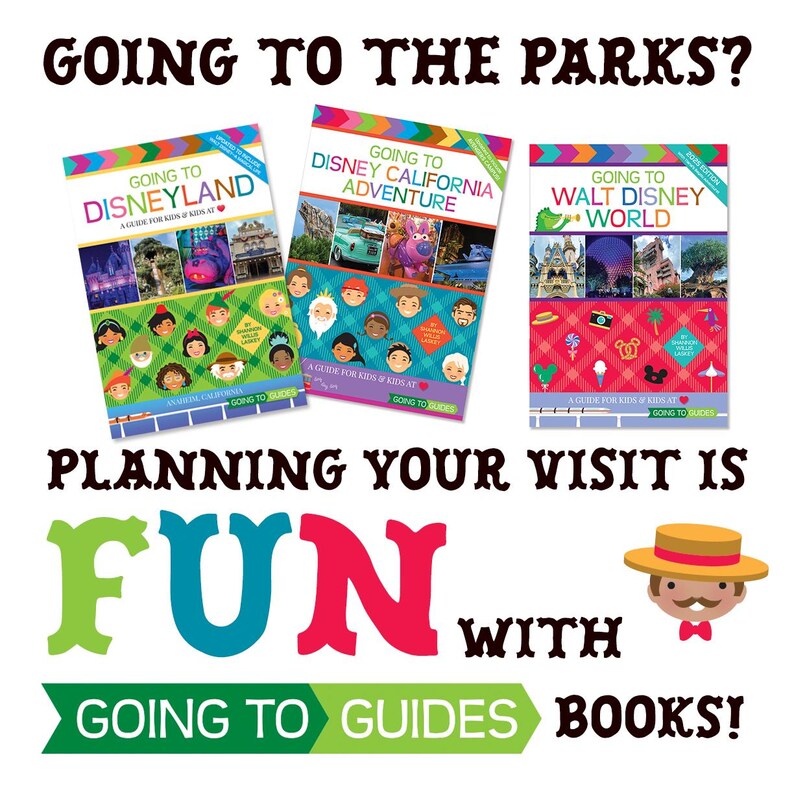 Puede incluir: Tres gu&iacute;as coloridas para los parques de Disney, incluyendo Disneyland, Disney California Adventure y Walt Disney World. La imagen presenta el texto "Going to the Parks?" y "Planning your visit is fun with Going to Guides Books!"
