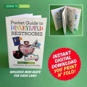 Peut inclure: Un guide de poche imprimable pour les toilettes de Disneyland, avec une couverture colorée représentant le château de Disneyland et le texte "Pocket Guide to Disneyland Restrooms". Le guide comprend des mini-cartes pour chaque pays et est un téléchargement numérique instantané que vous pouvez imprimer et plier.
