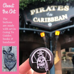 Pirates of the Caribbean bandana and button in front of the attraction sign in Disneyland New Orleans Square