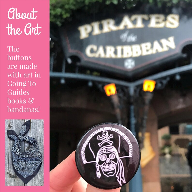 Pirates of the Caribbean bandana and button in front of the attraction sign in Disneyland New Orleans Square