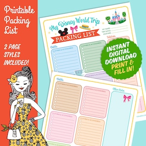 May include: Printable packing list for a Disney World trip. The list is divided into sections for outfits, clothing and accessories, toiletries, and other notes. The list is decorated with a cartoon image of Mickey Mouse and a castle.