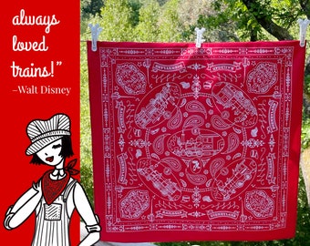 Bandana de ferrocarril con locomotoras de Disneyland Railroad y citas del día de apertura de la atracción de Disneyland y Walt Disney