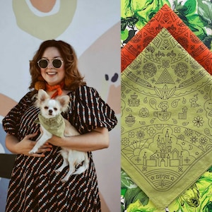 May include: A woman in a black and white striped dress holds a small chihuahua wearing a green bandana with a castle and the text "1971" printed on it. The bandana is a triangular shape with a green, white, and black pattern.