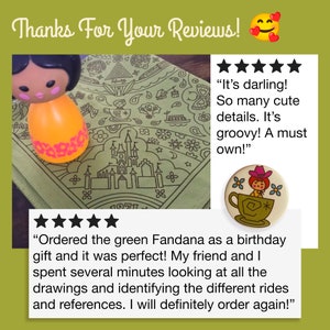 five star reviews for golden anniversary 50th anniversary bandana and vintage avon perfume bottle from 1970s it's a small world sitting on avocado green bandana along with photo of one button with it's a small world doll in teacup