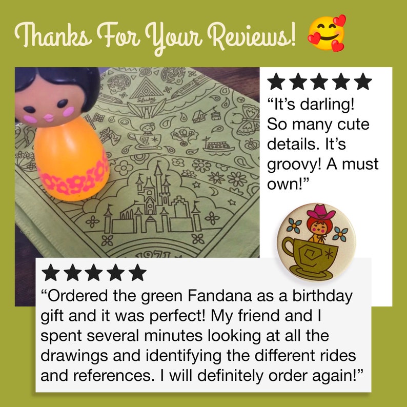 five star reviews for golden anniversary 50th anniversary bandana and vintage avon perfume bottle from 1970s it's a small world sitting on avocado green bandana along with photo of one button with it's a small world doll in teacup