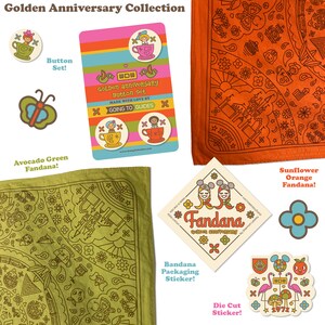 May include: A collection of golden anniversary themed items, including a bandana, buttons, and stickers. The bandana is orange with a sunflower design and the text "Sunflower Orange Fandana!" The buttons feature a cartoon character in a teacup and the text "GOLDen anniversary Button Set MADE WITH LOVE BY GOING TO GUIDES". The stickers feature a cartoon character in a teacup and the text "Fandana GOLDEN ANNIVERSARY".