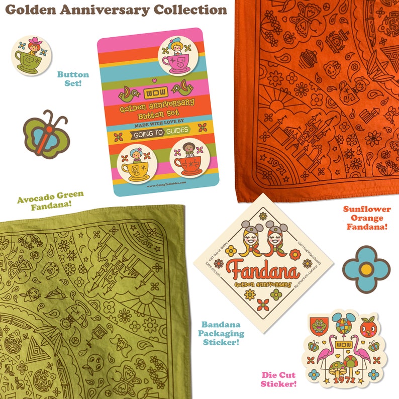 May include: A collection of golden anniversary themed items, including a bandana, buttons, and stickers. The bandana is orange with a sunflower design and the text "Sunflower Orange Fandana!" The buttons feature a cartoon character in a teacup and the text "GOLDen anniversary Button Set MADE WITH LOVE BY GOING TO GUIDES". The stickers feature a cartoon character in a teacup and the text "Fandana GOLDEN ANNIVERSARY".