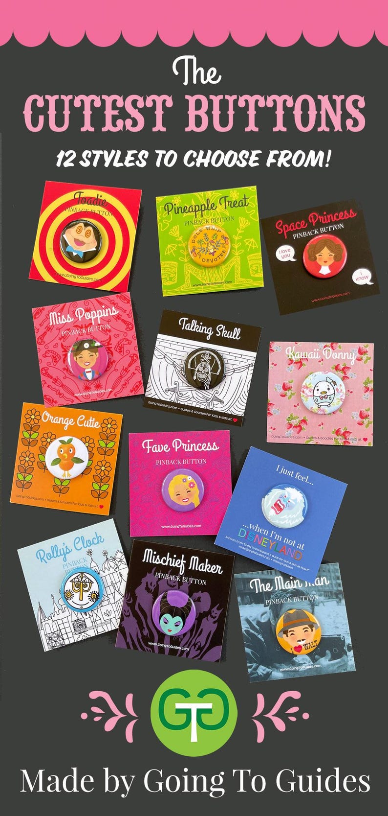 Puede incluir: Una colecci&oacute;n de doce botones con dise&ntilde;os variados, incluyendo personajes y frases. Cada bot&oacute;n se muestra en una tarjeta colorida. El texto "The Cutest Buttons" y "12 Styles to Choose From!" est&aacute;n en la parte superior. El logotipo de la marca est&aacute; en la parte inferior.