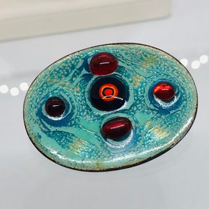 Beautiful Vintage Enamel On Copper Turquoise & Red Jeweled Brooch