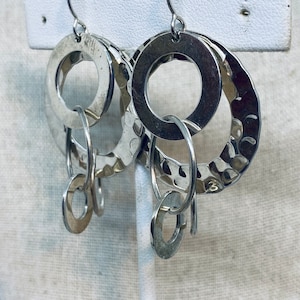 Vintage 925 Mexico Sterling Silver Circle Hammered Dangle Earrings ~ CII