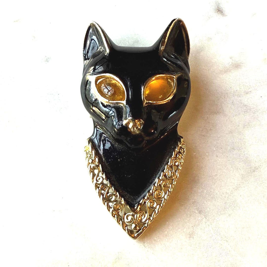 Vintage AJC Egyptian Black Enamel Cat Brooch - Etsy