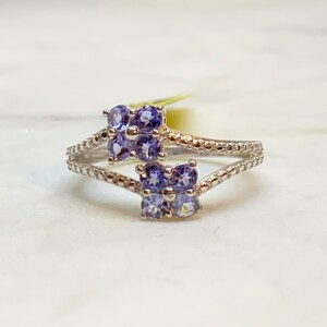 Könnte beinhalten: Ein silberner Ring mit zwei Anhäufungen kleiner, runder, hellvioletter Edelsteine. Das Band ist geteilt, wobei jede Seite mit winzigen, klaren Steinen verziert ist. Der Ring ist vor einem weißen Hintergrund platziert, der sein zartes Design hervorhebt.