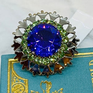 New Old Stock Brilliant Cocktail Ring Purple & Green Rhinestone Ring ~ Size 8.5