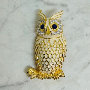 Kenneth J Lane KJL White Enamel Owl Blue Cabochon Eyes Brooch