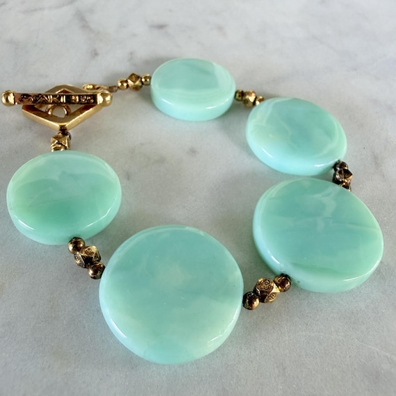 Vintage SAKI Sterling Silver 925 Green Glass Bracelet