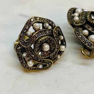 Heidi Daus Pearl Swarovski Crystal Designer Ring & Earring set~ Size 7