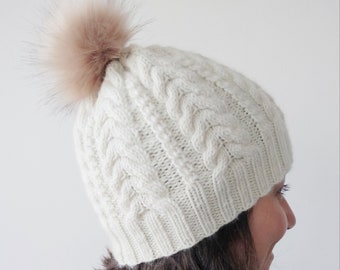White slouchy knitted faux fur pom pom merino wool beanie hat - fall and winter accessories for women